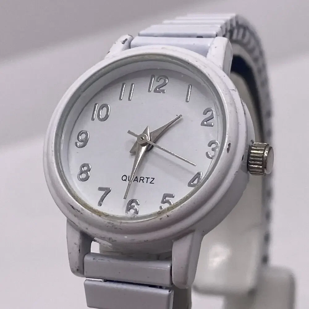 Womens White Stretch Band Watch Works New Battery